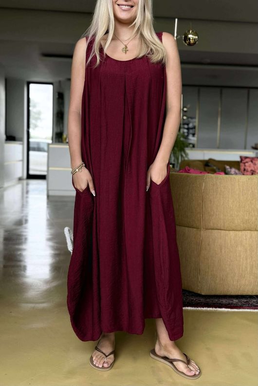 Made in Italy Aster Pocketed Cocoon Dress Burgundy